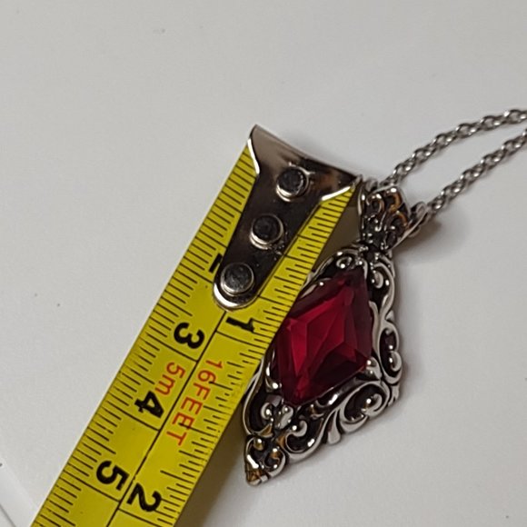 Diamond Shaped Red And Silver Tone Pendant Necklace 20 Inches Long - Picture 10 of 10